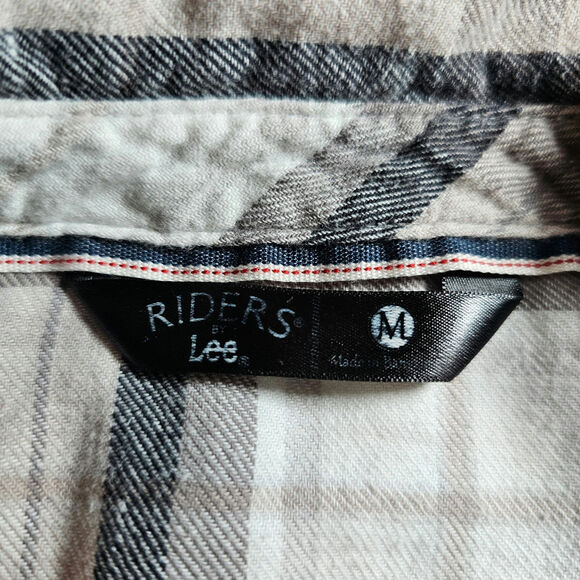 Riders Lee Neutral Plaid Flannel Grey Soft Cozy Women Medium Y2K Button Up Top - Picture 2 of 11